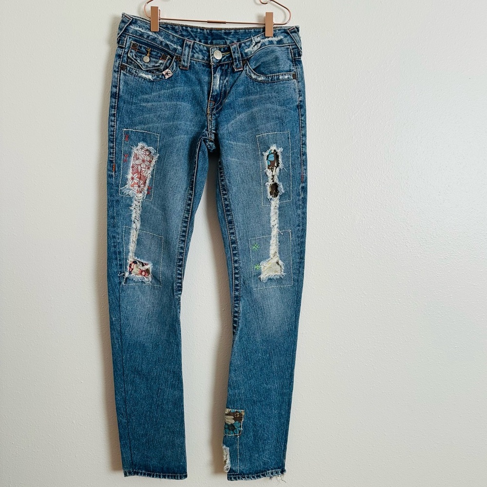 True Religion Low Rise Vintage Boho Patchwork Skinny Distressed Blue Jeans - Picture 8 of 16